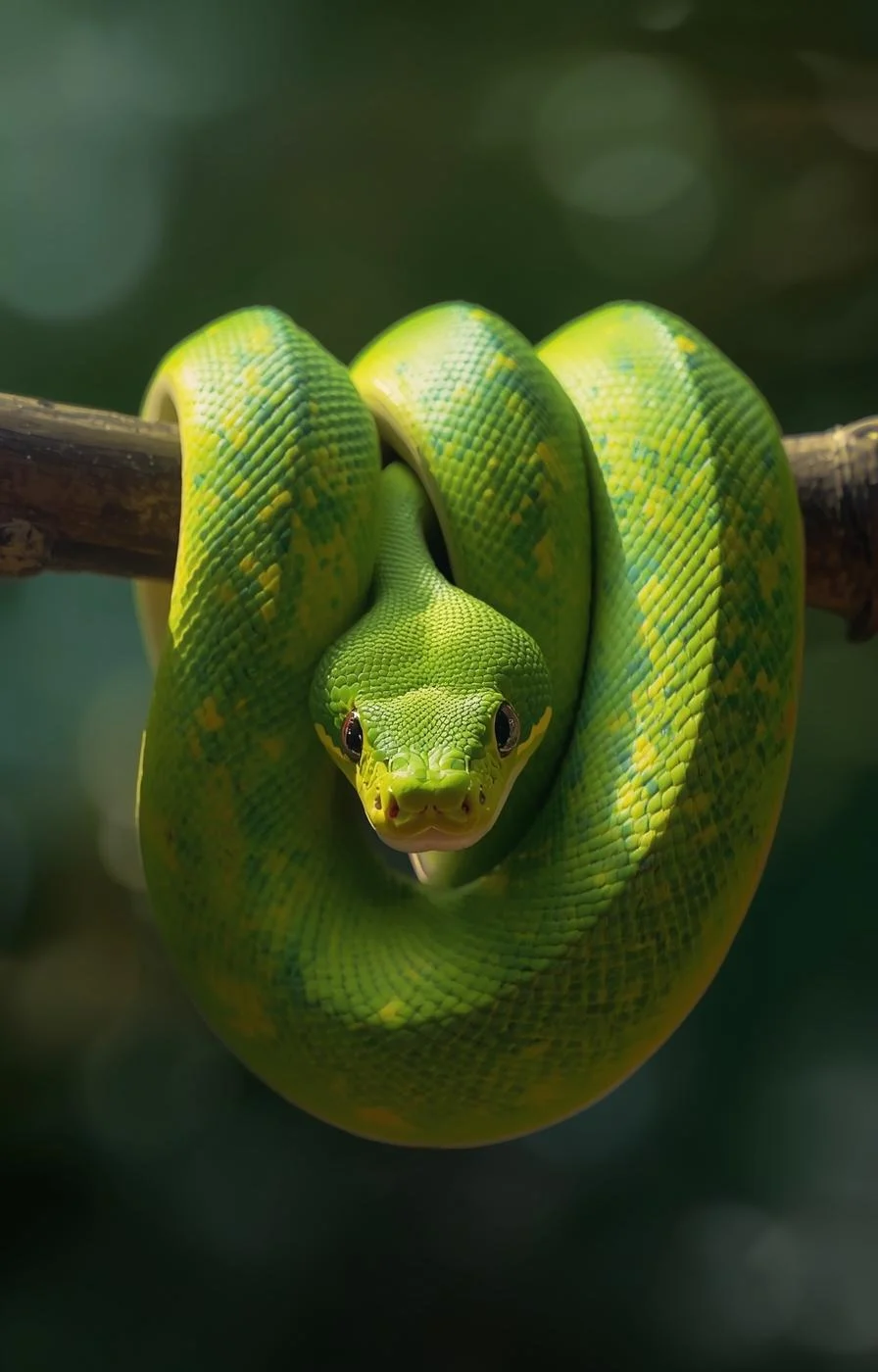 Serpent vert enroulé sur une branche